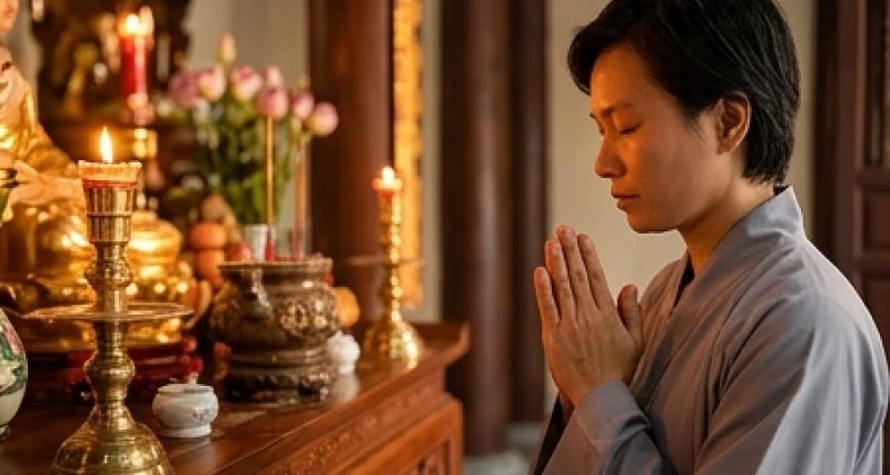 Văn khấn Mẫu: Bài cúng chuẩn nghi thức và sắm lễ bài bản 5 Một người đang chắp tay thành kính nhẩm đọc bài văn khấn trước ban thờ trong không gian đền phủ