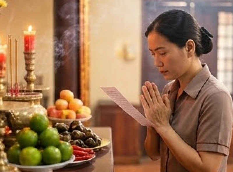Văn khấn ban Sơn Trang: Bài cúng chuẩn, sắm lễ 15 món và hạ lễ 2 Tín đồ thành tâm chắp tay đọc văn khấn ban Sơn Trang trước án thờ nghi ngút khói nhang tại đền phủ