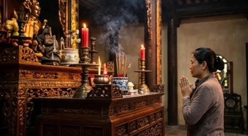 Người đi lễ chắp tay thành kính và nhẩm đọc văn khấn Đền Quán Thánh trước ban thờ uy nghi bên trong cung cấm