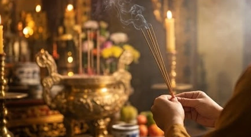 Tín chủ chắp tay thành kính dâng hương và nhẩm đọc bài văn khấn trước ban thờ chính điện Quan Lớn