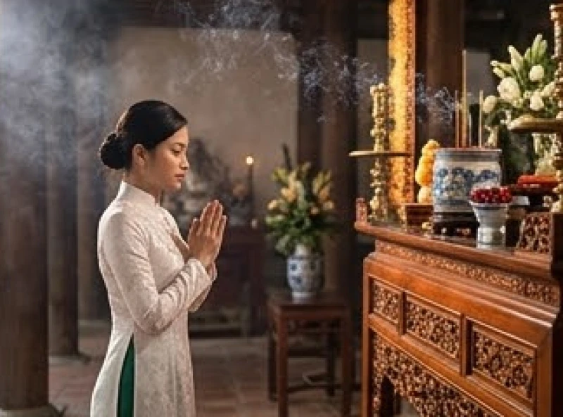 Người hành hương trang nghiêm chắp tay lẩm nhẩm đọc bài khấn trước ban thờ uy nghi lộng lẫy chốn cung cấm