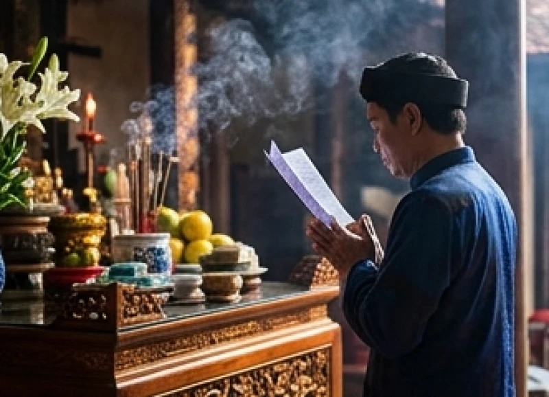 Tín chủ chắp tay thành kính tấu trình bản sớ và bài văn khấn trước ban thờ linh thiêng tại đền Tranh