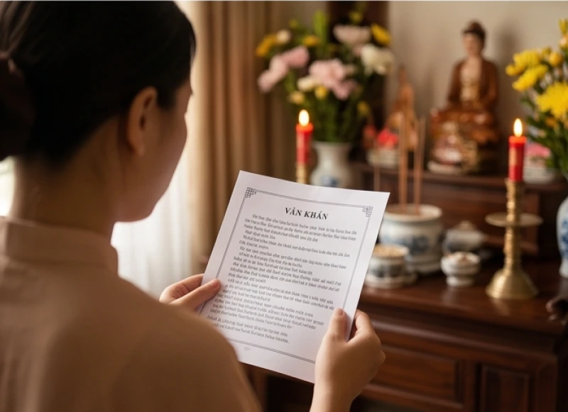 Gia chủ cúi đầu thành tâm nhẩm đọc bài văn khấn Tứ Phủ tại tư gia