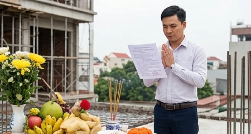Văn khấn đổ mái nhà: Bài cúng chuẩn cổ truyền và nghi thức chi tiết 5 Gia chủ chắp tay thành kính đọc văn khấn đổ mái nhà trước bàn lễ để cầu mong mọi sự hanh thông
