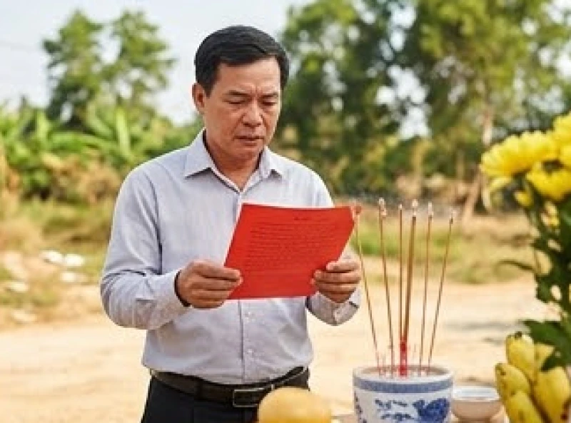 Người đàn ông cầm tờ giấy đỏ đọc bài văn khấn động thổ trước bàn lễ ngoài trời