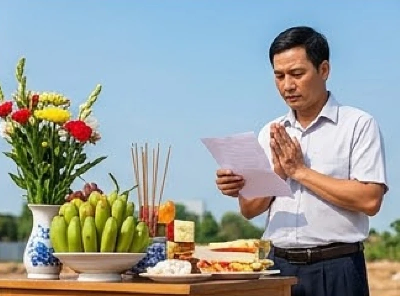 Văn khấn động thổ xây nhà: Bài cúng chuẩn và thủ tục trọn vẹn 6 Gia chủ chắp tay trang nghiêm trước bàn lễ ngoài trời, thành tâm đọc bài văn khấn động thổ xây nhà