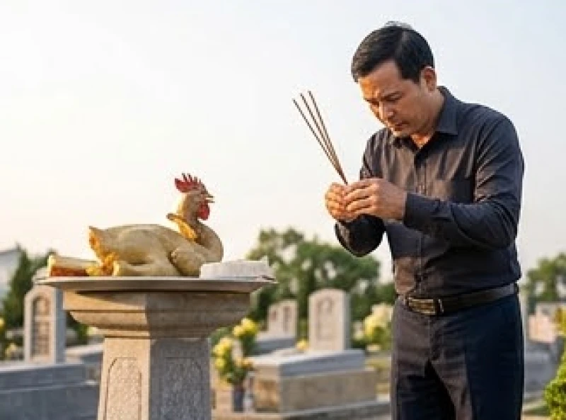 Văn khấn xây lăng mộ: Sắm lễ, bài cúng và nghi thức chuẩn 6 Gia chủ mặc trang phục nghiêm chỉnh chắp tay cầm nhang đọc văn khấn trước mâm cúng