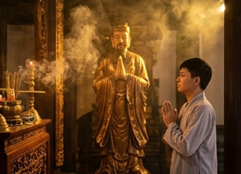 Văn khấn Đức Chúa Ông: Bài cúng chuẩn tâm linh và cách sắm lễ 6 Tín chủ chắp tay đứng trang nghiêm, mắt hướng về tôn tượng Đức Ông và nhẩm đọc bài văn khấn cầu bình an