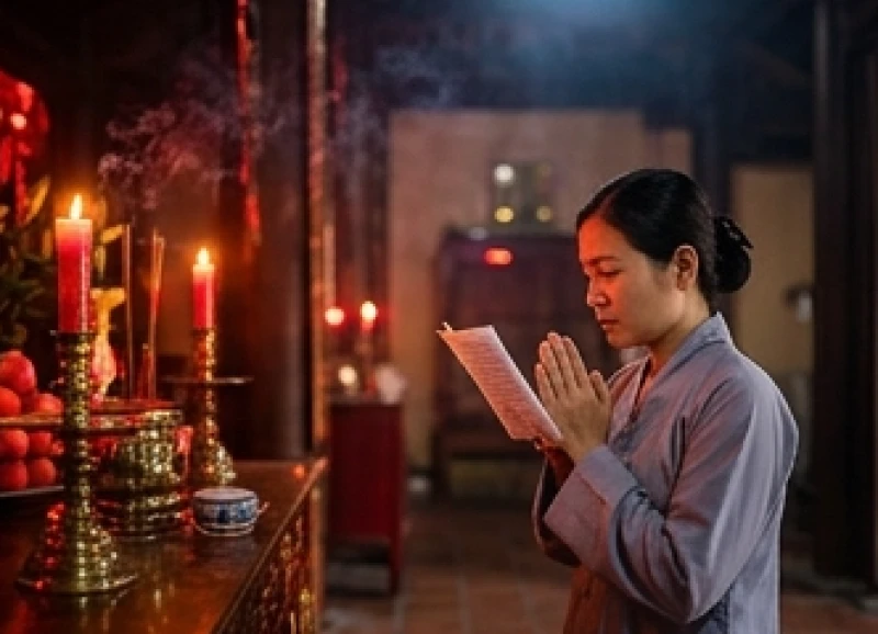 Văn khấn Đền Cửa Ông: Trọn bộ bài khấn và trình tự dâng lễ chuẩn 7 Người hành hương trang nghiêm chắp tay và nhẩm đọc bài văn khấn cầu công danh trước ban Đức Ông
