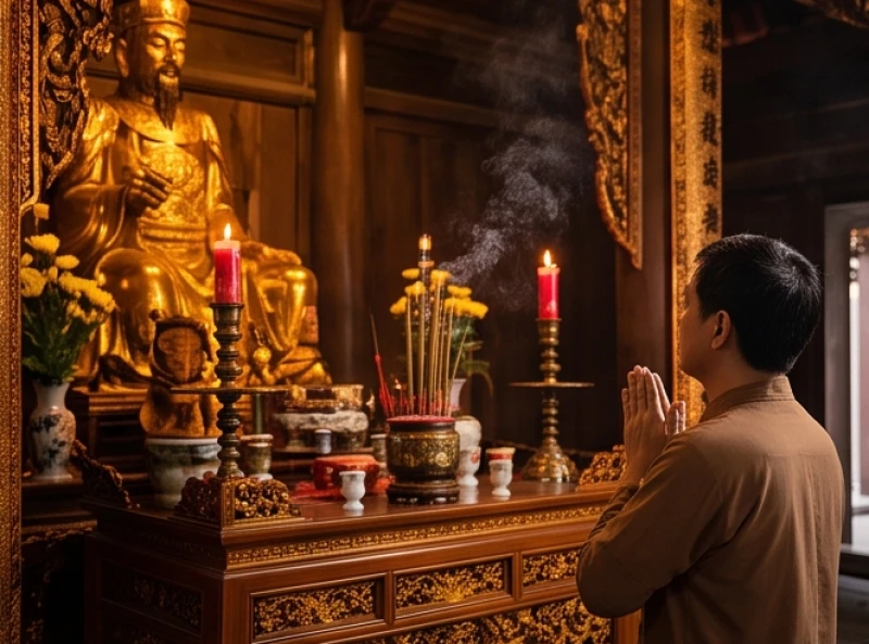 Người hành hương chắp tay thành kính cầu nguyện trước án gian lộng lẫy của Đức Thánh Trần