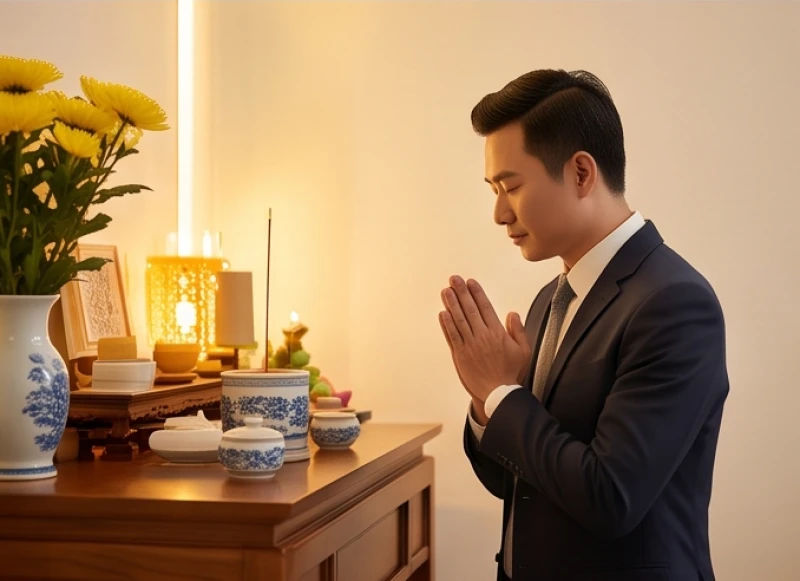 Tuổi Ngọ nhập trạch ngày nào tốt: Lịch 12 tháng và sắm lễ 10 Gia chủ mặc trang phục lịch sự đang chắp tay thành kính đọc bài văn khấn trước bàn thờ trong ngày dọn nhà