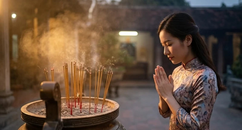 Ánh mắt thành kính của gia chủ hướng về bát hương gia tiên khi thầm đọc những lời cầu nguyện