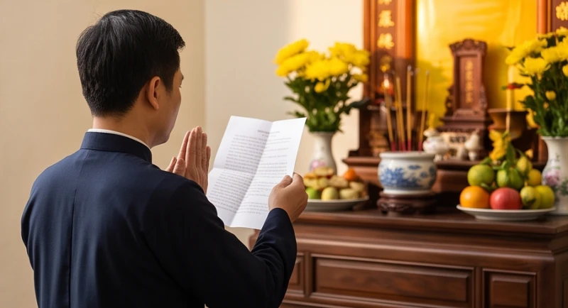 Văn khấn giỗ hết cha: Bài cúng chuẩn và trình tự xả tang 6 Người con trưởng chắp tay thành kính đứng trước bàn thờ đọc bài văn khấn giỗ hết cha.