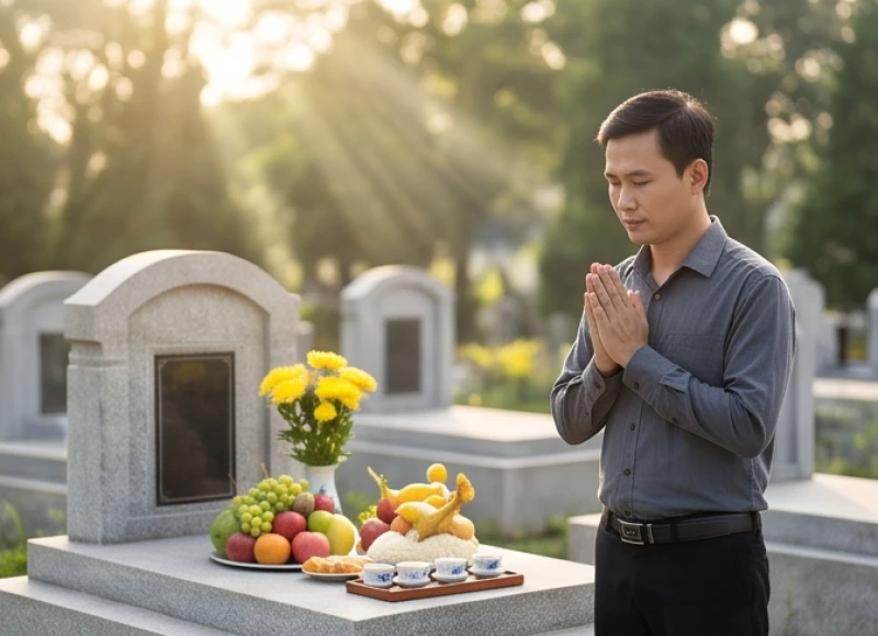 Người đàn ông đứng chắp tay trang nghiêm trước phần mộ, nhẩm đọc bài văn khấn vong linh tổ tiên trong tĩnh lặng