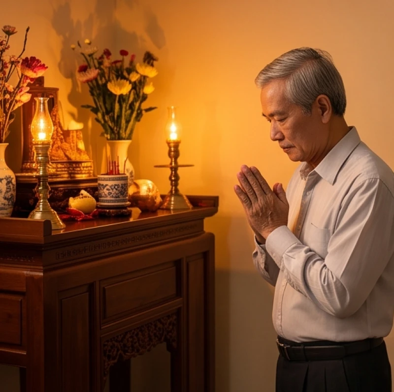 Văn khấn tất niên chiều 30 Tết: Bài cúng chuẩn và nghi thức hạ lễ 4 Người đàn ông lớn tuổi mặc áo sơ mi chỉnh tề đang chắp tay thành kính đọc bài văn khấn gia tiên trước bàn thờ