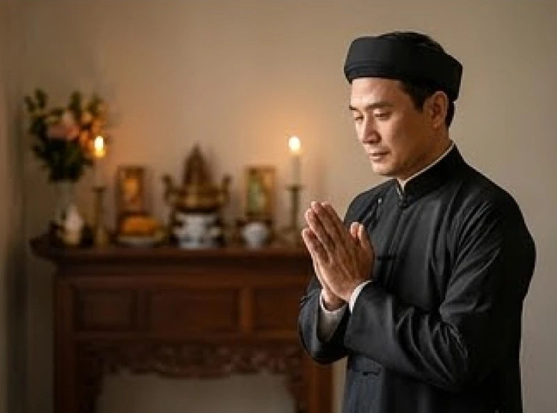 Gia chủ ăn mặc chỉnh tề, đứng chắp tay nghiêm trang đọc rõ ràng bài văn khấn gia tiên rằm tháng Chạp
