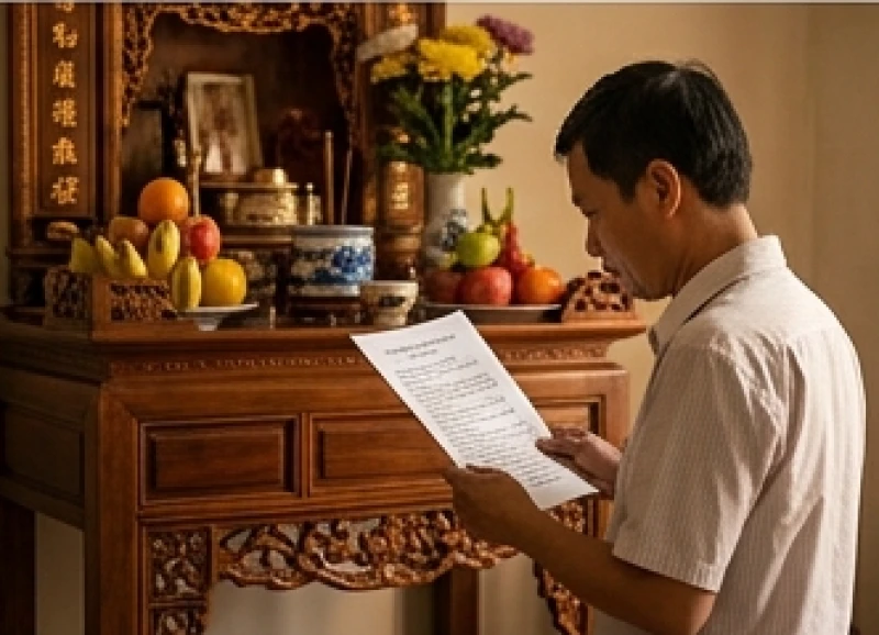 Văn khấn đón trẻ sơ sinh về nhà chuẩn nhất: bài cúng và mâm lễ 10 Người cha mặc trang phục chỉnh tề đứng chắp tay đọc bài văn khấn đón trẻ sơ sinh về nhà