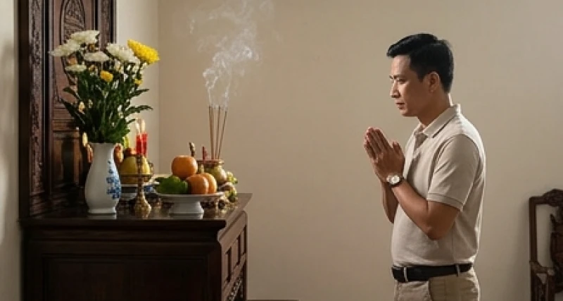 Người đàn ông mặc áo có cổ trang nghiêm chắp tay đứng vái lạy và đọc văn khấn gia tiên ngày mùng 3 tháng 3