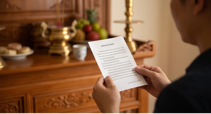 Văn khấn gia tiên mùng 1: Bài cúng chuẩn, giờ tốt & kiêng kỵ 2 Người chủ gia đình chắp tay thành kính đọc bài văn khấn gia tiên mùng 1 được in cẩn thận trên giấy
