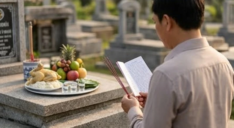 Văn khấn tảo mộ ngày giỗ: Bài cúng chuẩn cho Giỗ đầu & Giỗ thường 6 Một người đang chắp tay cầu nguyện trước phần mộ gia tiên sau khi đã dâng đầy đủ mâm lễ vật tươm tất