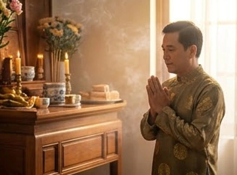 Văn khấn trưa 30 Tết: 3 bài cúng cổ truyền và trình tự hành lễ 6 Người đàn ông mặc áo dài truyền thống thành kính đứng chắp tay vái lạy trước ban thờ gia tiên ngày 30 Tết