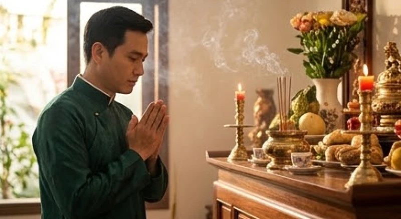 Văn khấn gia tiên mùng 1 Tết: Bài cúng chuẩn và trình tự hạ lễ 6 Người đàn ông mặc trang phục lịch sự chắp tay thành kính đọc bài văn khấn gia tiên mùng 1 Tết trước ban thờ