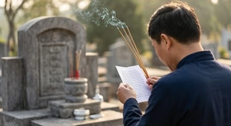 Văn khấn tảo mộ đầu năm: Bài cúng chuẩn và sắm lễ tránh phạm kỵ 6 Gia chủ chắp tay thành kính đọc rõ ràng từng lời khấn nguyện cầu bình an trước ban thờ bằng đá của lăng mộ gia tộc