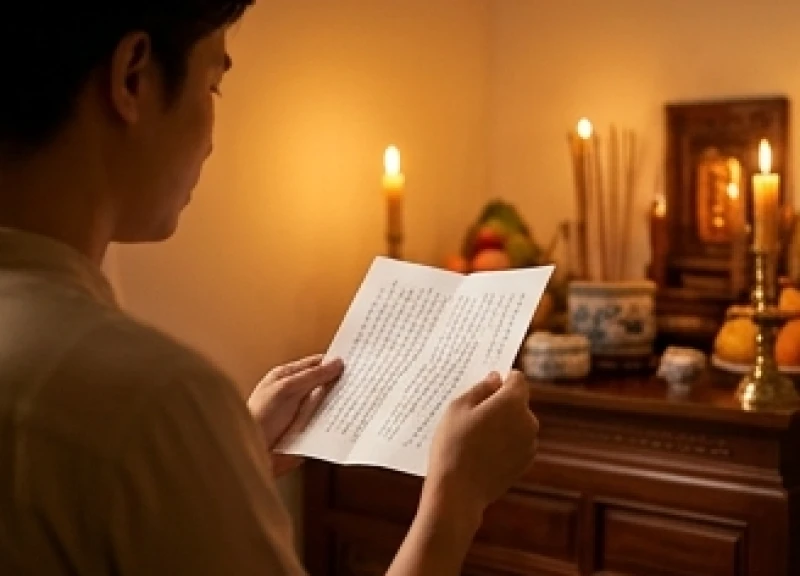 Văn khấn gia tiên Tết Trung Thu chuẩn và cách bày mâm lễ 7 Đọc bài văn khấn gia tiên Tết Trung Thu với giọng trầm ấm rõ ràng tại không gian phòng thờ