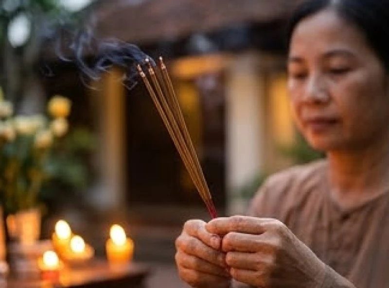 Văn khấn cúng sao giải hạn tại nhà: Sơ đồ nến, bài vị & mâm lễ 9 Gia chủ đang thành kính cầm hương và nhẩm đọc bài văn khấn cầu bình an cho gia đình