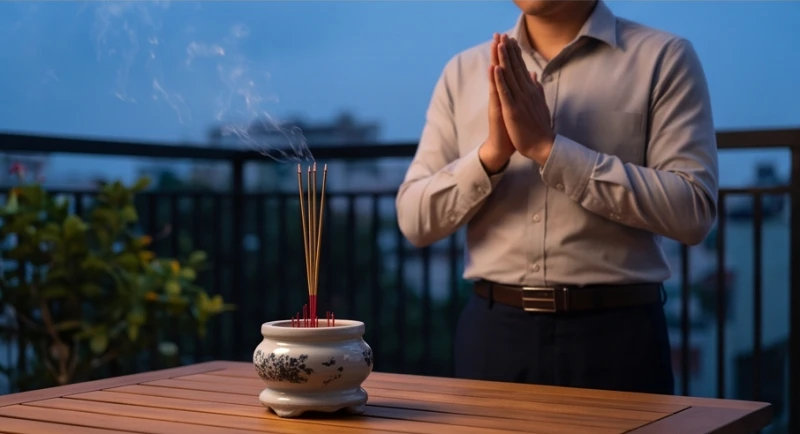 Văn khấn cúng Tam Tai tại nhà: Trình tự bài bản và cách hóa giải 6 Gia chủ chắp tay thành kính đứng trước bàn cúng ngoài trời vào buổi tối