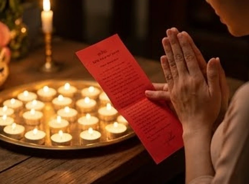 Văn khấn sao Mộc Đức chuẩn: Sơ đồ 20 nến và cách ghi bài vị 8 Gia chủ cầm tờ sớ màu đỏ chắp tay đứng vái lạy thành tâm trước bàn lễ rực sáng ánh nến