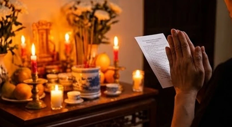 Gia chủ chắp tay thành tâm đọc bài văn khấn sao Thái Bạch trước bàn thờ nghi ngút khói hương vào ban đêm