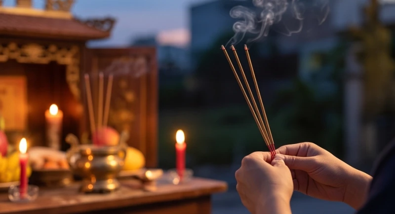 Gia chủ thành tâm chắp tay thắp nhang và đọc văn khấn giải hạn Tam Tai trước bàn lễ ngoài trời