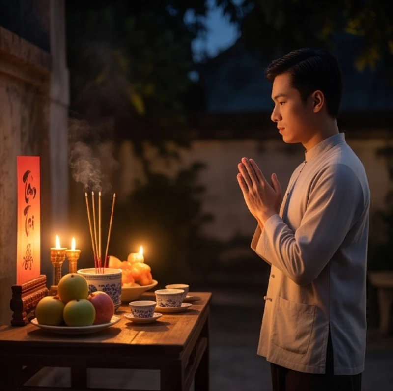 Văn khấn giải hạn Tam Tai đầu năm: Mẫu bài cúng và thủ tục xả hạn 3 Người hành lễ đứng trang nghiêm chắp tay hướng về phía mâm cúng để thỉnh cầu thần hạn cai quản
