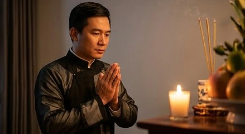 Người đàn ông chắp tay trang nghiêm đọc văn khấn trước bàn thờ gia tiên