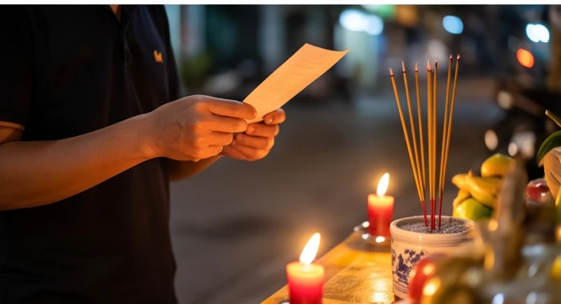 Văn khấn giao thừa tại cửa hàng: Bài cúng chuẩn & sơ đồ đặt mâm 7 Chủ kinh doanh cầm tờ giấy in sẵn bài văn khấn giao thừa thành tâm đọc trước án hương