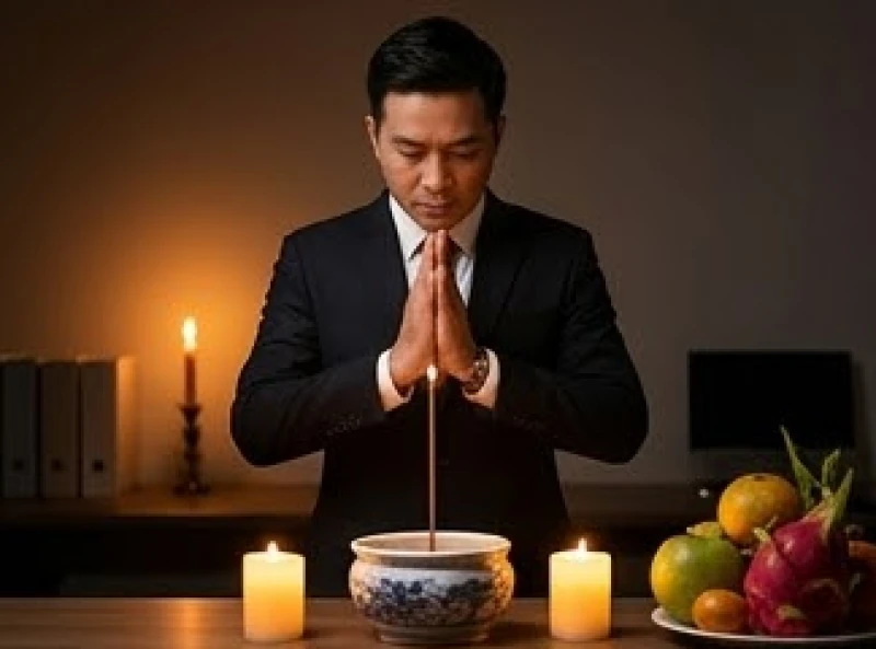 Văn khấn giao thừa tại công ty: Bài cúng chuẩn & xử lý thực tế 4 Giám đốc công ty chắp tay trang nghiêm đọc văn khấn giao thừa trước bàn thờ thần linh bản xứ