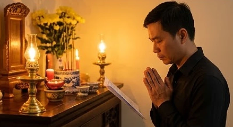 Văn khấn giỗ đầu cha: Mẫu bài cúng chuẩn & quy tắc xưng hô 5 Người chủ lễ chắp tay ngang ngực thành tâm đọc văn khấn giỗ đầu cha trước bàn thờ gia tiên rực rỡ ánh nến