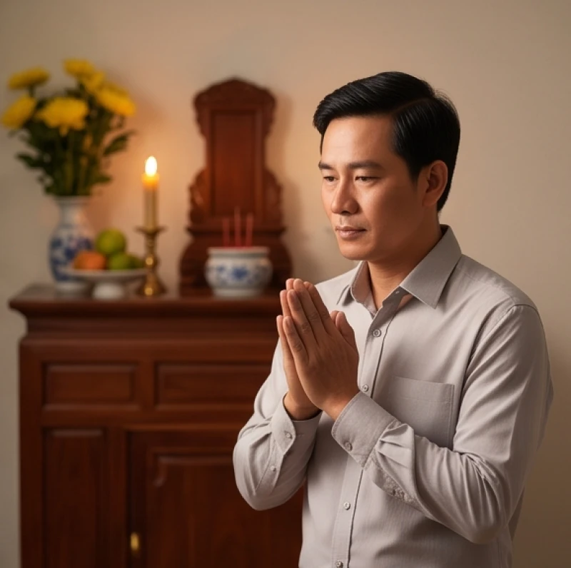 Văn khấn giỗ cha: Mẫu bài cúng chuẩn và trình tự hành lễ 7 Người con trai chắp tay đứng khấn trang nghiêm trước bàn thờ cúng giỗ cha