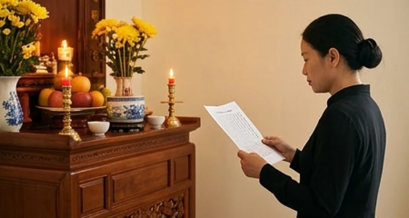 Văn khấn giỗ đầu: Bài cúng chuẩn nghi thức & bảng tra danh xưng 8 Người đàn ông cầm tờ giấy ghi sẵn bài khấn bằng hai tay và đứng trang nghiêm trước ban thờ