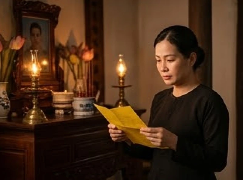 Người vợ chắp tay trang nghiêm, nhẩm đọc bài văn khấn giỗ hết chồng trước bàn thờ gia tiên sáng đèn