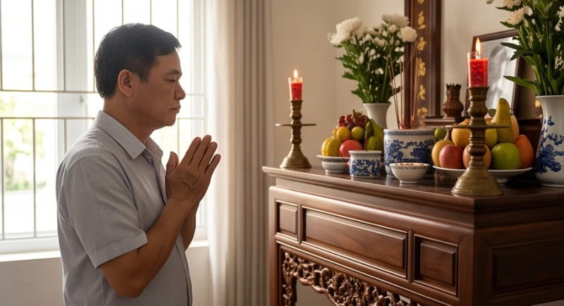 Người chồng chắp tay trang nghiêm đọc bài văn khấn giỗ hết vợ trước ban thờ linh thiêng trong ngày lễ