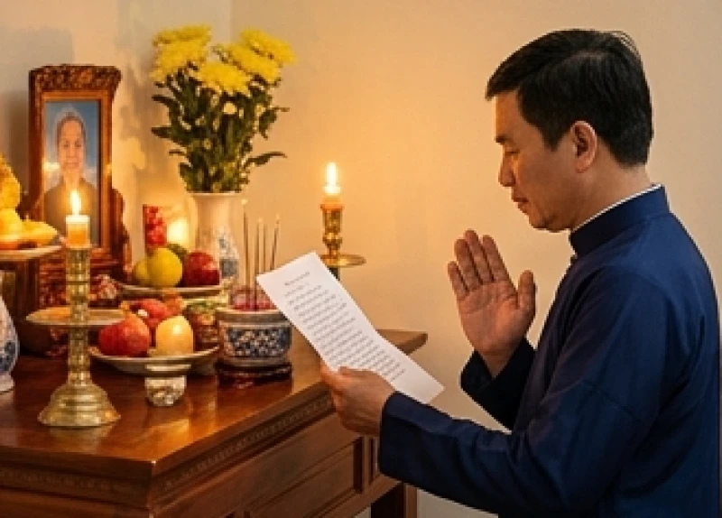 Văn khấn hết tang cha: Bài cúng chuẩn và trình tự làm lễ tại nhà 7 Người con trai trưởng chắp tay đứng đọc bài văn khấn hết tang cha trước bàn thờ gia tiên