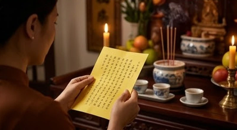 Văn khấn hết tang chồng: Bài cúng chuẩn xưng hô & sắm lễ 6 Đôi bàn tay thành kính cầm tờ văn khấn hết tang chồng trước không gian bàn thờ gia tiên ấm cúng
