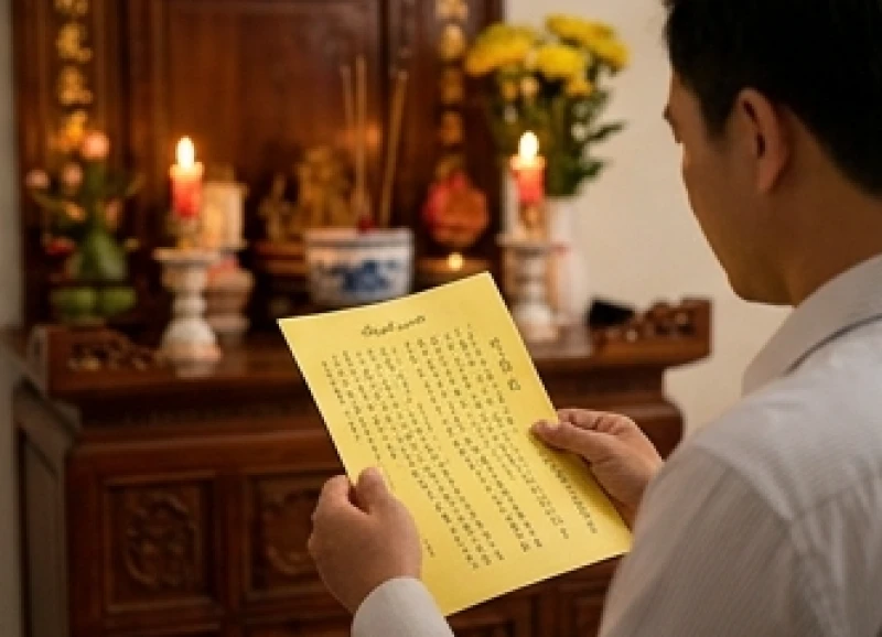 Văn khấn hết tang vợ: Bài cúng chuẩn Hiển thê & nghi lễ xả tang 6 Người chồng hai tay chắp ngang ngực, đọc bài văn khấn với danh xưng Hiển thê cho chuẩn xác