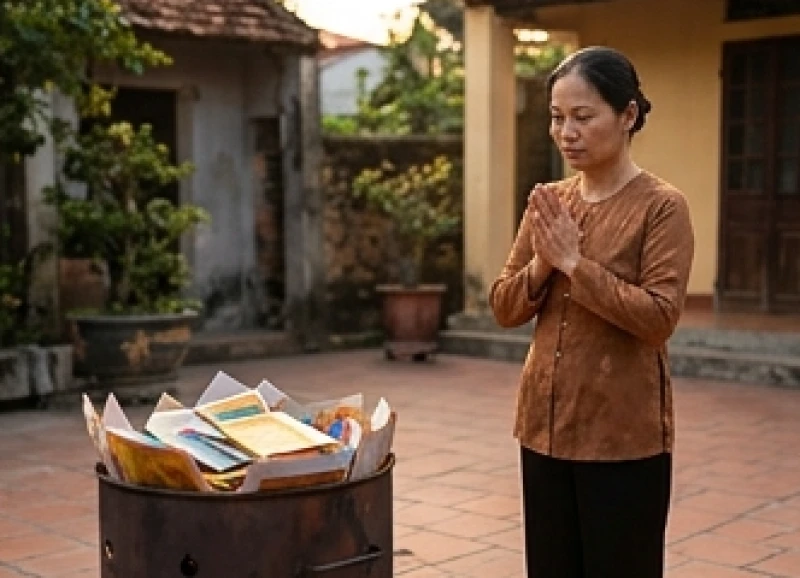 Gia chủ chắp tay đọc bài văn khấn hóa vàng gia tiên trước lư hóa mã