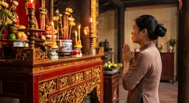 Văn khấn Huyền Thiên Trấn Vũ: Bài khấn chuẩn và nghi thức dâng lễ 3 Người đi lễ chắp tay trang nghiêm đọc lầm rầm bài văn khấn Huyền Thiên Trấn Vũ trước án thư.