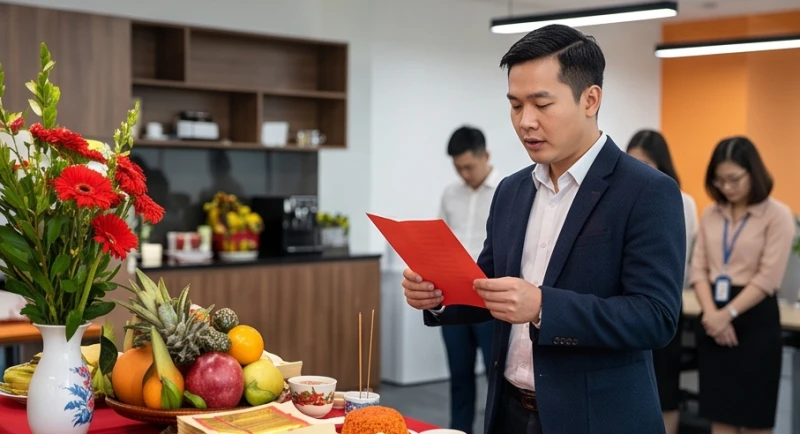 Giám đốc công ty ăn mặc chỉnh tề đang cầm tờ giấy đỏ đọc bài văn khấn khai trương văn phòng trước án