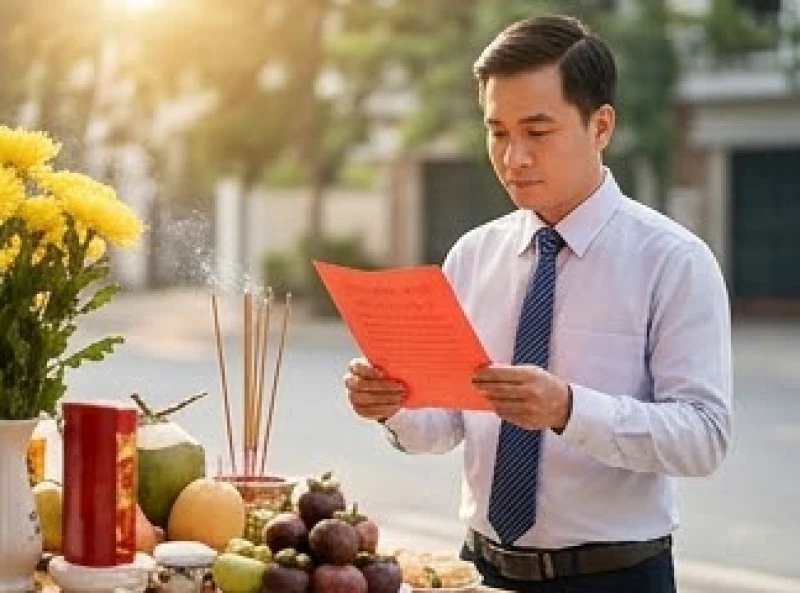 Văn khấn khai trương: Bài cúng chuẩn và quy trình nghi lễ bài bản 2 Nam thanh niên mặc áo sơ mi chỉnh tề đang cầm giấy đỏ đọc văn khấn khai trương trước mâm lễ