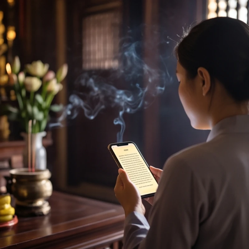 Văn khấn cầu an tại chùa: Bài khấn chuẩn và nghi thức từng ban 5 Phật tử cầm điện thoại mở sẵn bài khấn và đọc nhẩm lầm rầm trong không gian tĩnh lặng